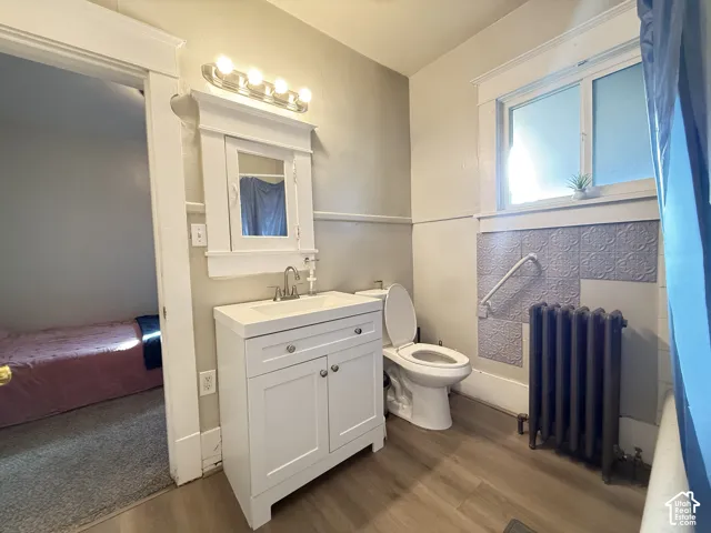 Main level full bathroom with wood-finish flooring, white vanity with integrated sink, wall-mounted medicine cabinet, and a window for natural light