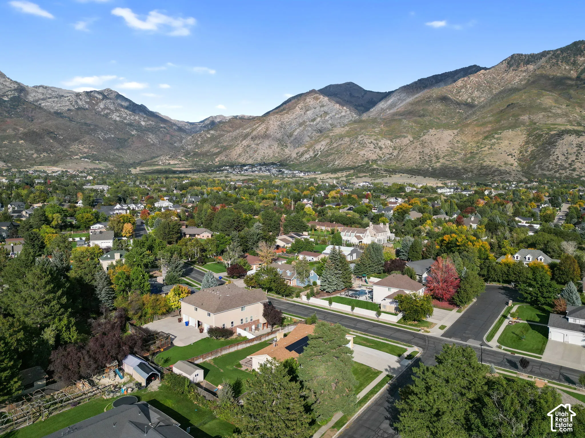 Neighborhood setting with mature trees, established homes, and mountain scenery