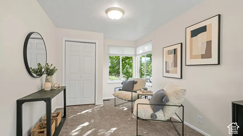 Carpeted room featuring a bay window, a recessed bi-fold closet, and a flush mount ceiling light