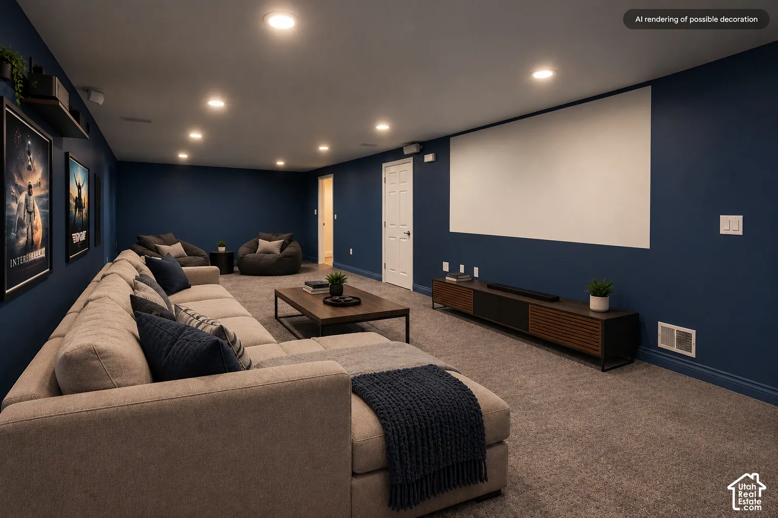Entertainment room featuring recessed lighting, a large projection screen, and soft carpeting