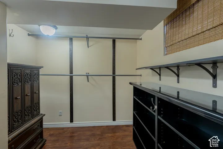 Wood-finish flooring with built-in shelving, hanging rods, and an overhead light fixture