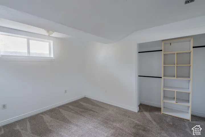 White walls with neutral carpet flooring and a built-in closet organization system