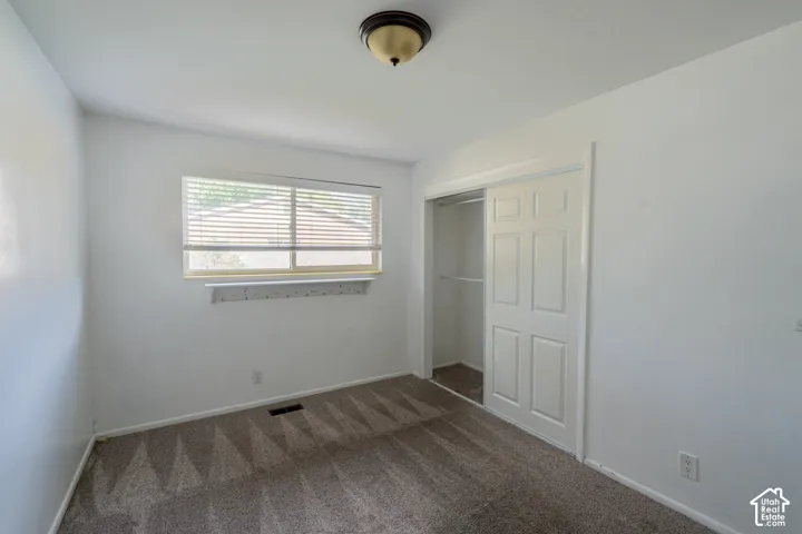 Recessed window with blinds, sliding closet doors, ceiling-mounted light fixture, and wall-to-wall carpeting