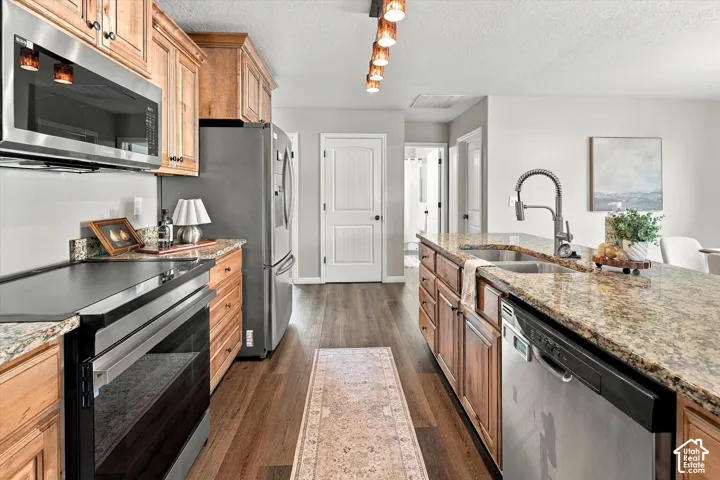 Wood-finish flooring, wood cabinetry, stone countertops, stainless steel appliances, and a kitchen island with an integrated sink