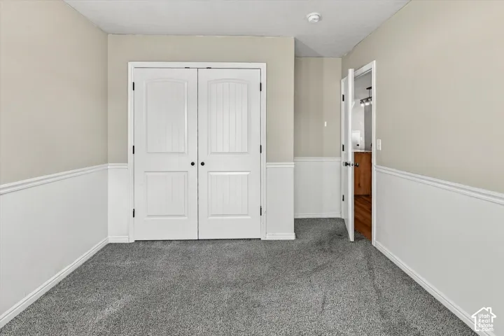 Gray carpeting and wainscoting with a double-door closet