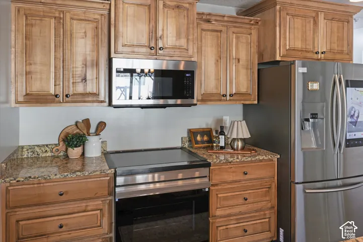 Wood-finish cabinetry with dark hardware, granite countertops, stainless steel microwave, stainless steel electric range, and a stainless steel refrigerator