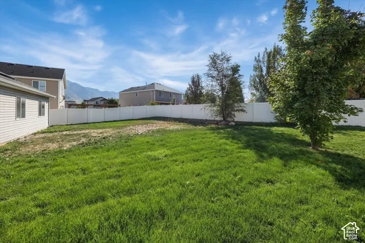 Expansive grassy yard with mature trees and a white privacy fence