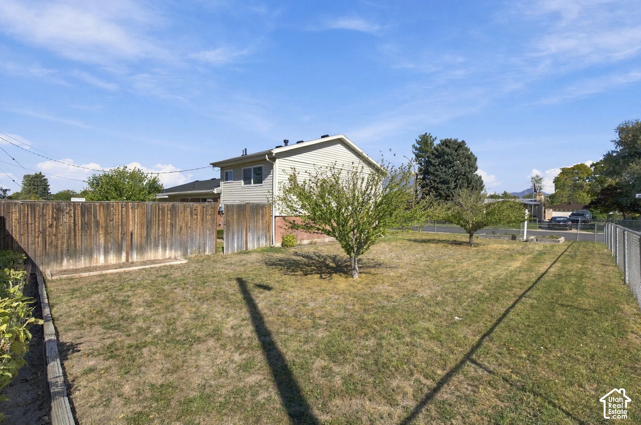Expansive rear yard with mature trees and a chain-link fence