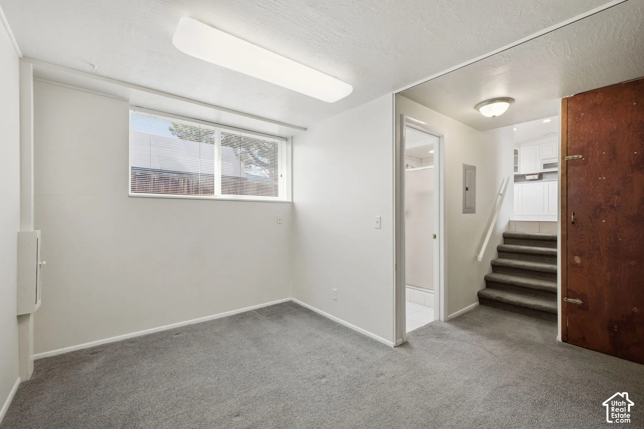 Gray carpeting, white walls, and a window with natural light