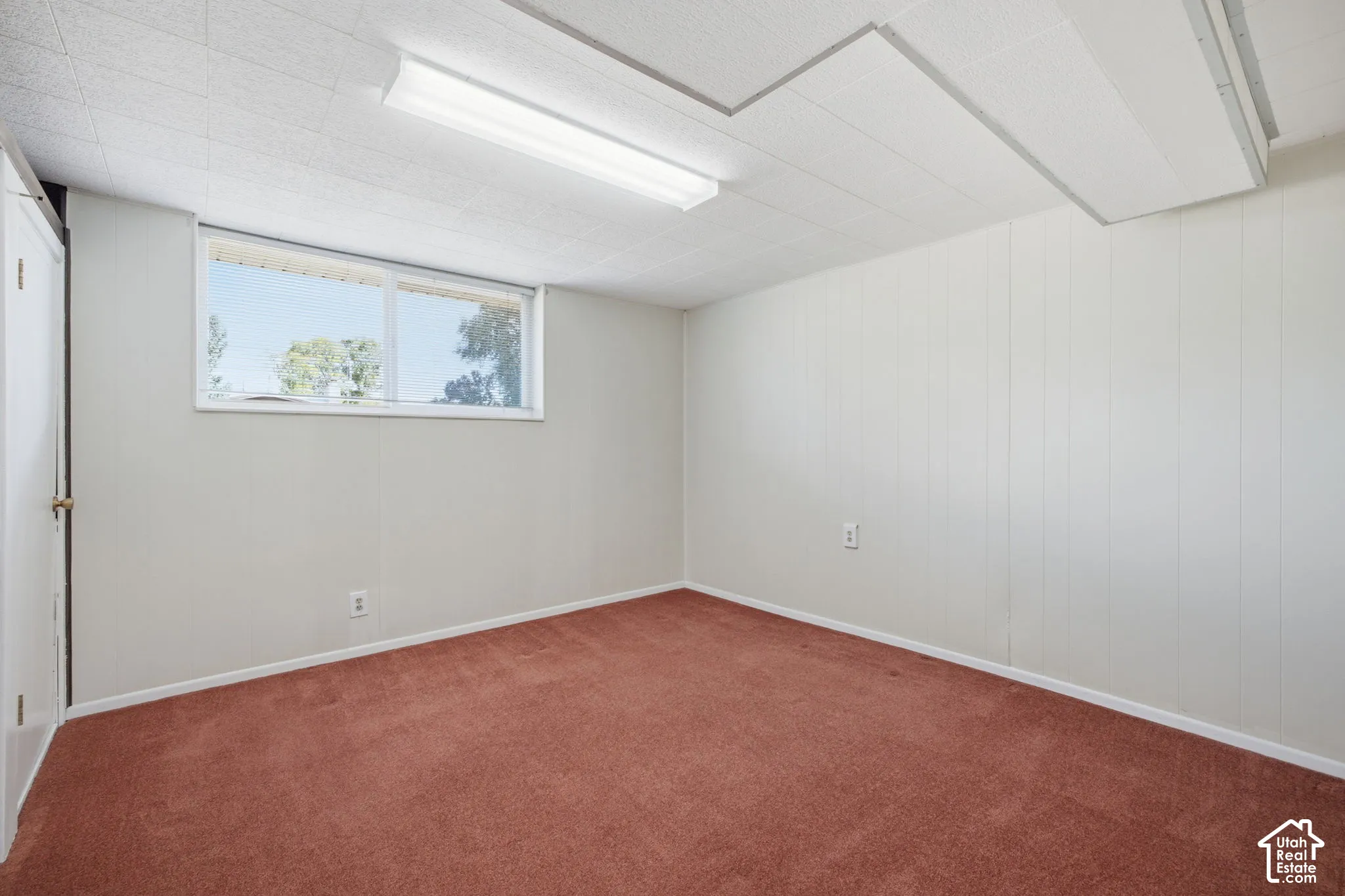 Window with exterior light, drop ceiling, fluorescent lighting, wall-to-wall carpeting, and paneled wall
