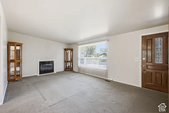 Recessed fireplace with white surround, large window with vertical blinds, textured carpet flooring, and a paneled entry door with decorative glass inserts