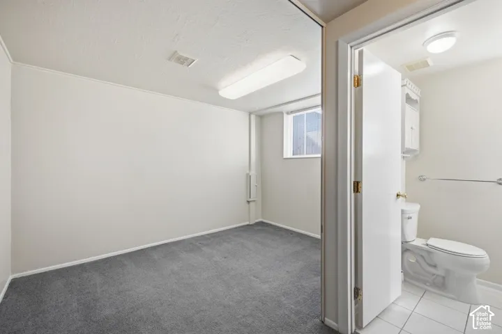 Carpeted room with a window, baseboard trim, and a flush-mounted ceiling light fixture