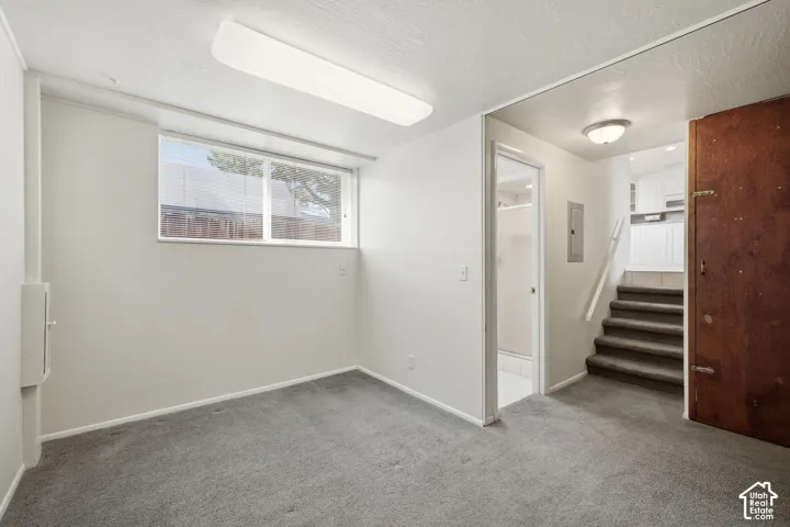 Gray carpeting, white walls, and a window with natural light