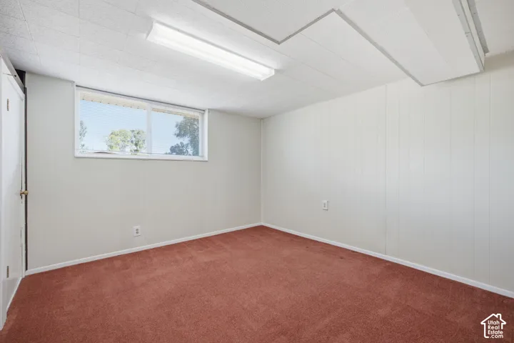 Window with exterior light, drop ceiling, fluorescent lighting, wall-to-wall carpeting, and paneled wall