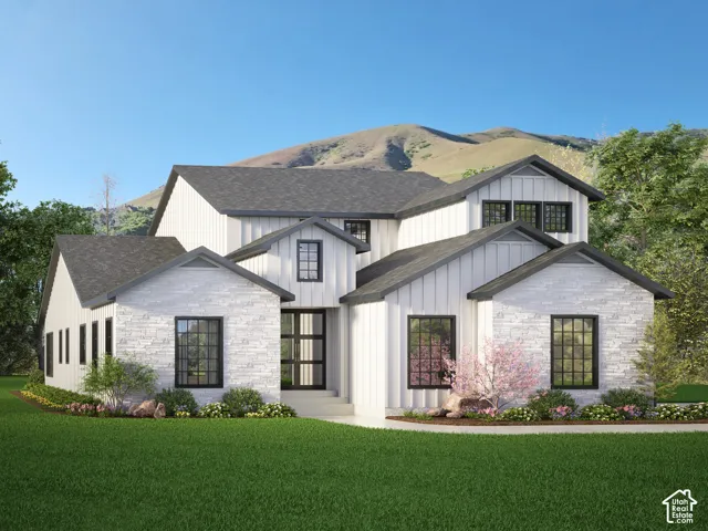 Modern farmhouse exterior with board and batten siding and stone accents