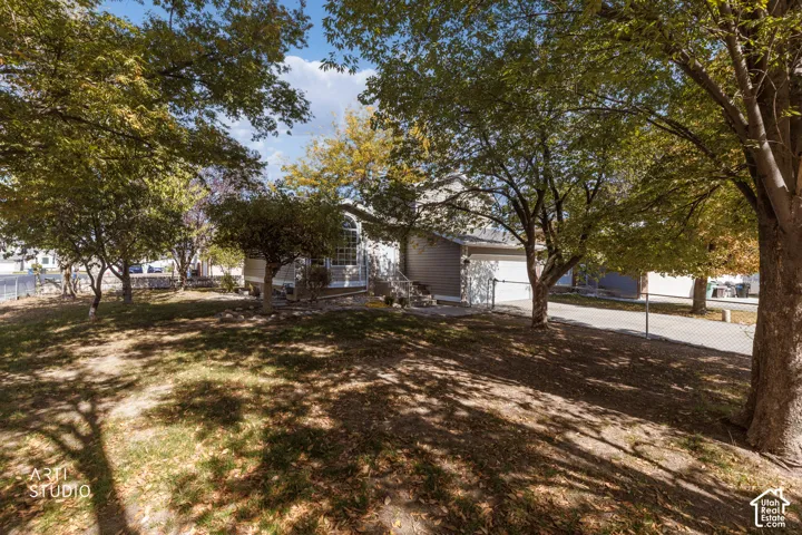 Landscaped grounds featuring mature trees and a paved driveway
