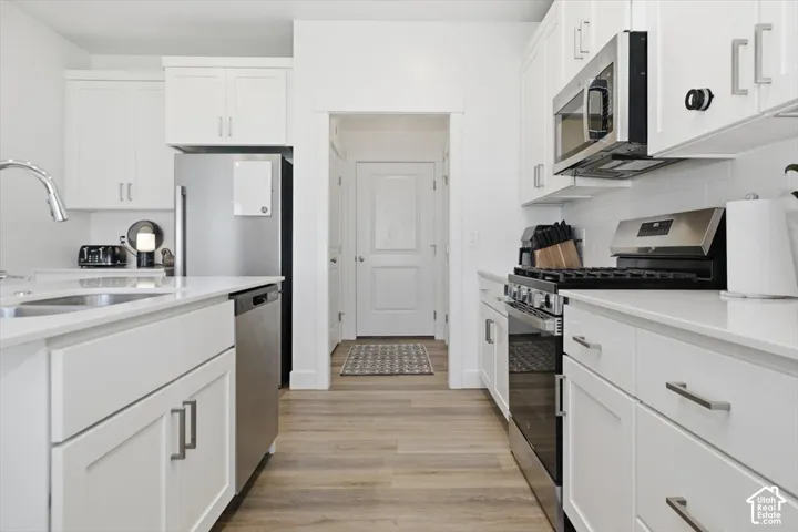 Kitchen featuring white cabinetry, stainless steel appliances, light-toned wood-finish flooring, and white countertops