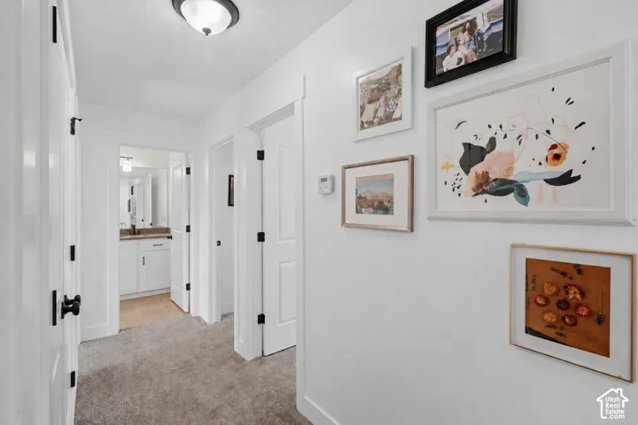 Hallway featuring a ceiling-mounted light fixture, white interior doors, and gray carpeting