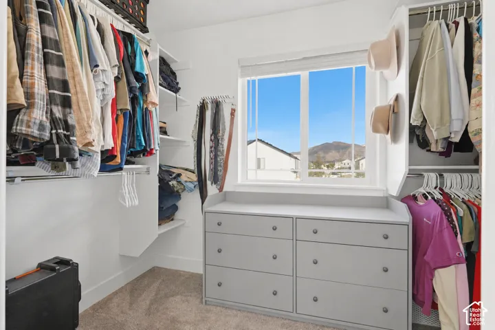 Walk-in closet featuring built-in shelving, hanging rods, an integrated window, and a built-in dresser with six drawers