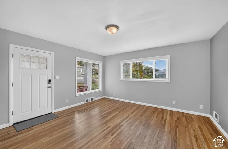 Light gray wall paint, hardwood flooring, white trim, white entry door with decorative glass inserts, and multiple windows