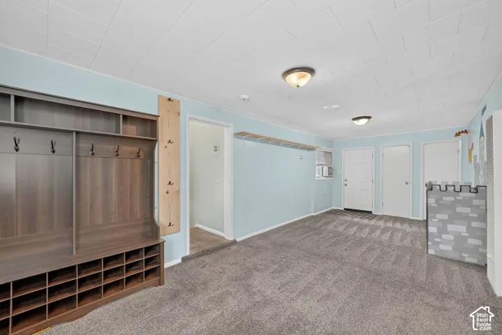 Wall-to-wall carpeting, two ceiling-mounted light fixtures, built-in shelving with coat hooks, and multiple doors