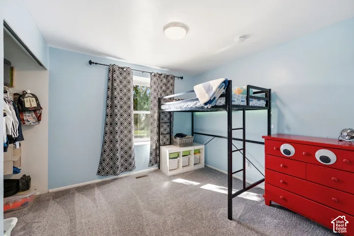 Wall-to-wall carpeting and a single window with a dark rod
