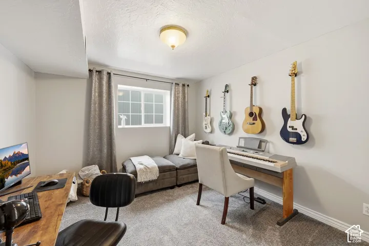 Window with grid pattern, wall-to-wall carpeting, overhead flush mount light fixture, and light gray wall paint