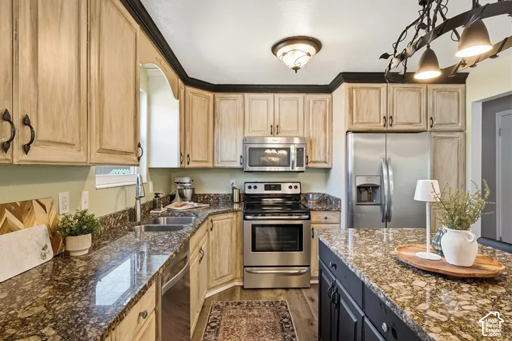 Kitchen featuring wood-finish cabinetry, granite countertops, stainless steel appliances, a built-in double basin sink, and a multi-light chandelier
