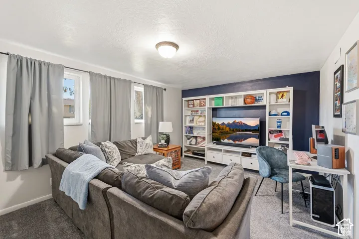 Carpeted living area featuring a built-in media center with shelving, recessed lighting, and multiple windows