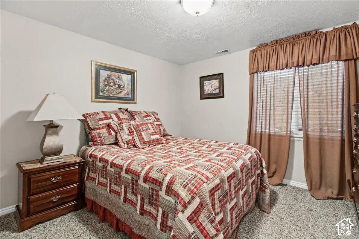 Carpeted flooring, window with blinds, and neutral wall tones