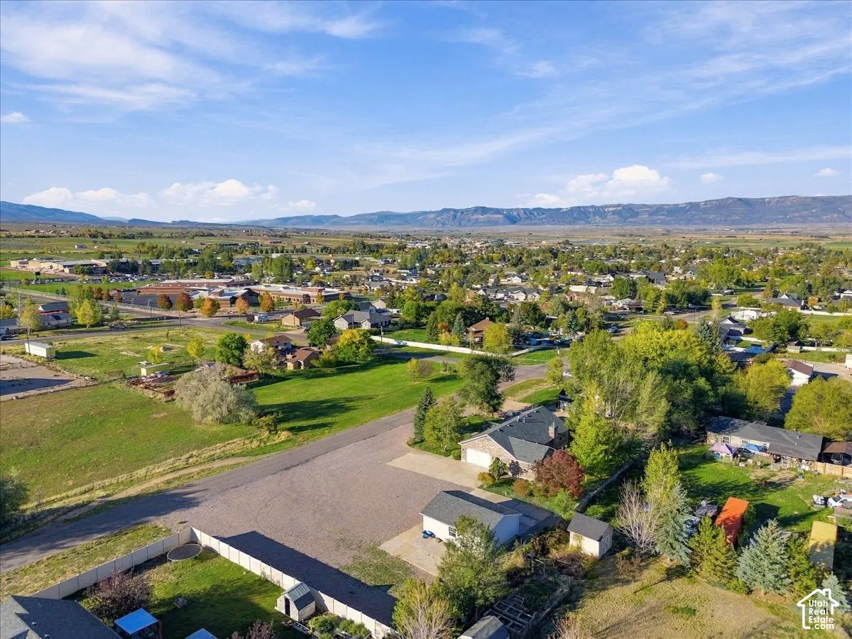 Aerial perspective showcasing expansive grounds with mature landscaping, multiple outbuildings, established trees throughout the property, and pastoral mountain backdrop with distant ridgeline
