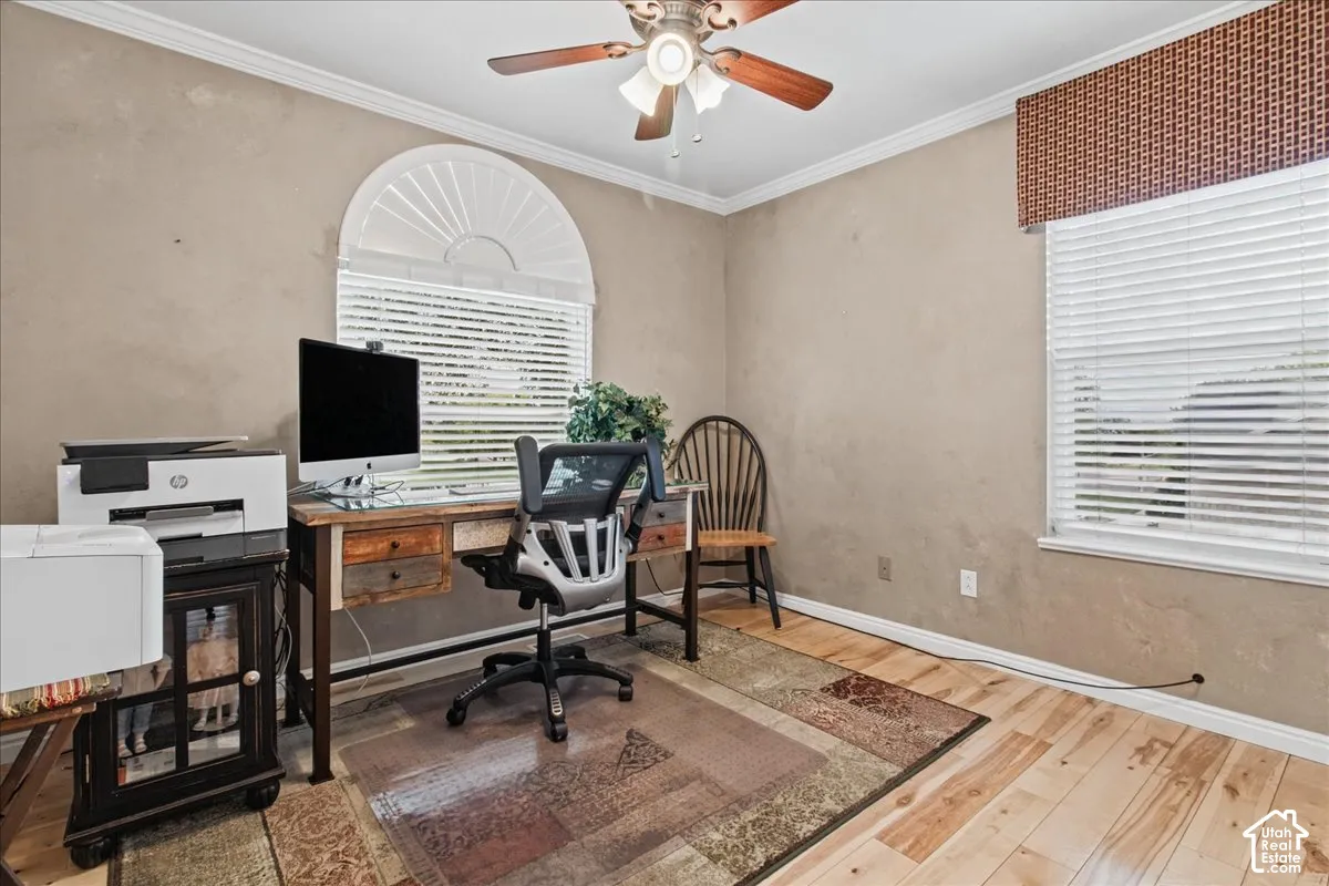 Warm-toned walls with crown molding and wood-finish flooring