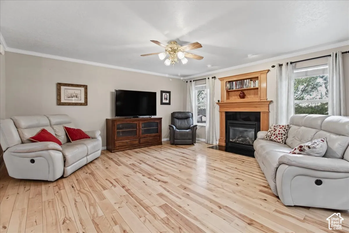 Bright living space featuring wood-finish flooring, a ceiling fan, and crown molding