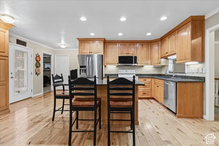 Kitchen featuring wood cabinetry, stainless steel appliances, an island with dark countertops, recessed lighting, and wood-finish flooring