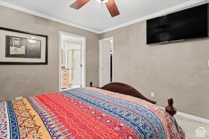 Carpeted bedroom with crown molding, ceiling fan with wood-finish blades, and a wall-mounted entertainment display