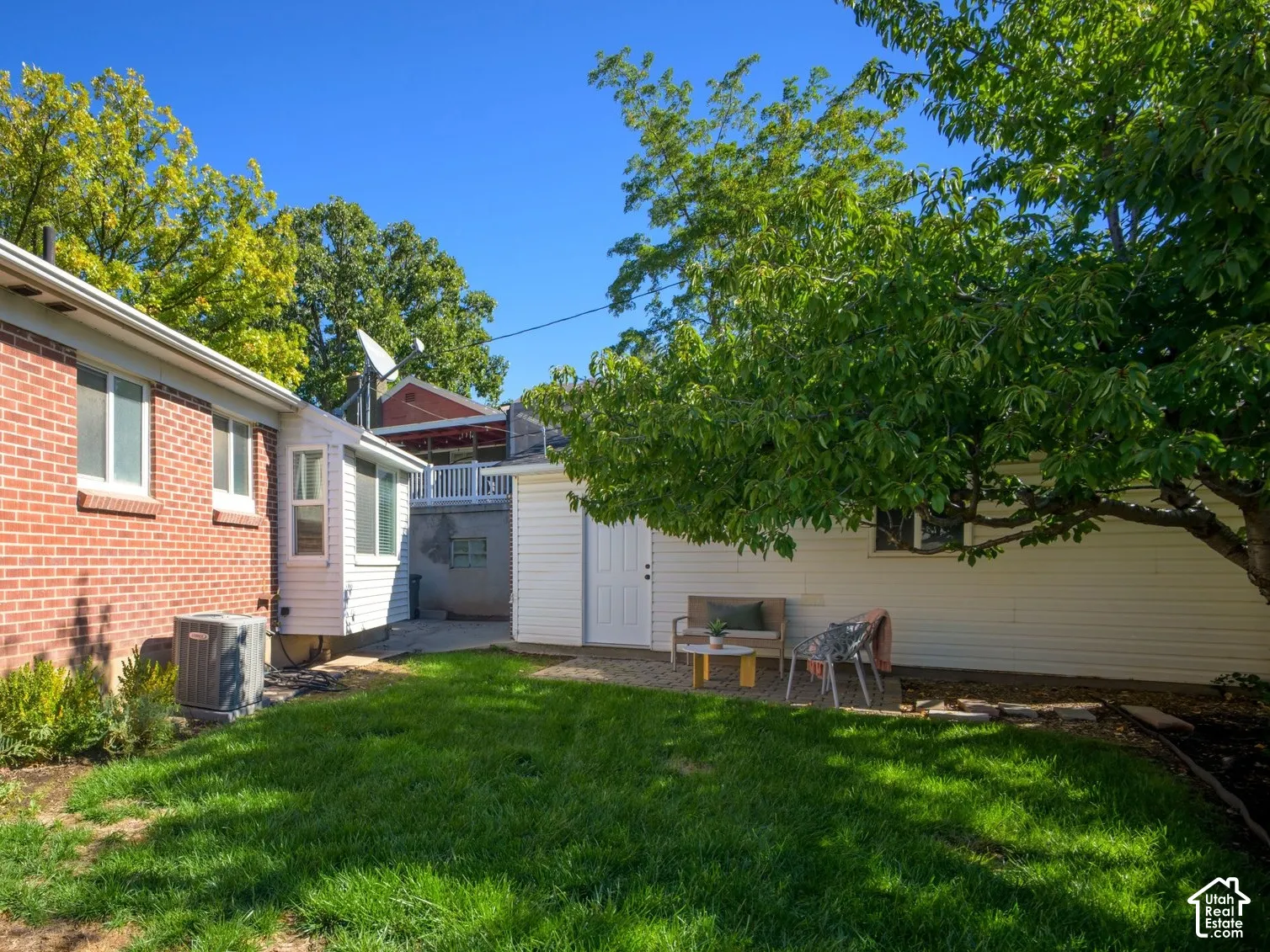 Expansive green lawn with mature tree