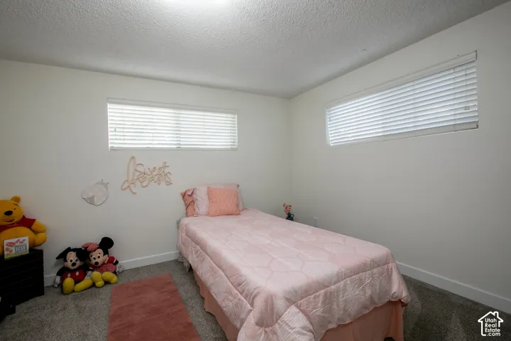 Recessed lighting, light-colored walls, and gray carpeting