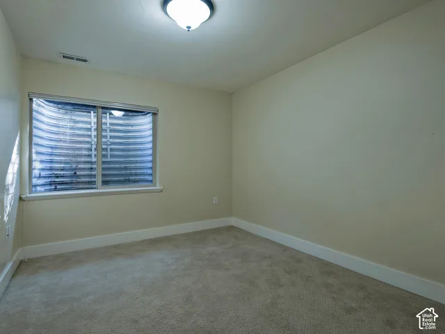 Carpeted flooring, neutral wall paint, and a window with a window well