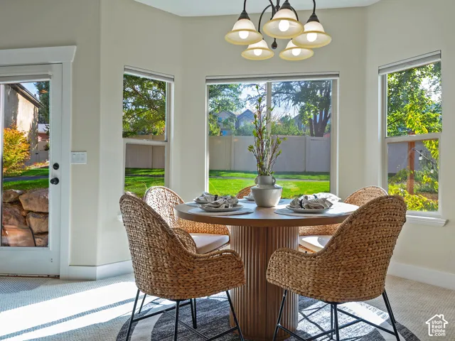 Bay window with multiple glass panes, ceiling-mounted light fixture, light-colored walls, and a full-light exterior door