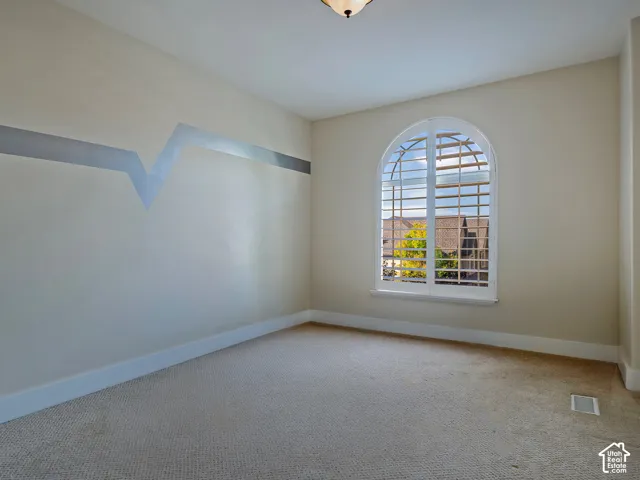 Arched window with plantation shutters, light-toned walls, and neutral carpeting
