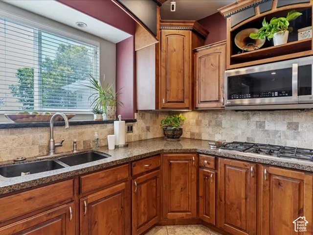 Wood cabinetry with crown molding, granite countertops, tile backsplash, and a double basin sink with a gooseneck faucet