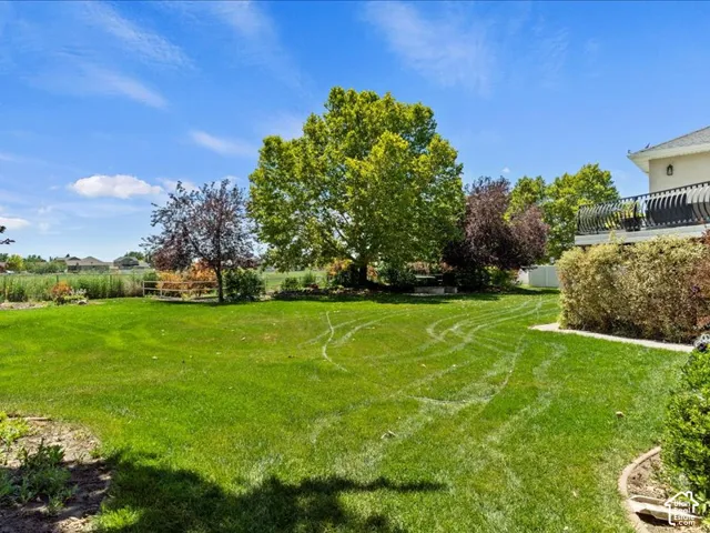 Expansive grassy yard with mature trees, established shrubbery, and a visible upper-level balcony with black railings