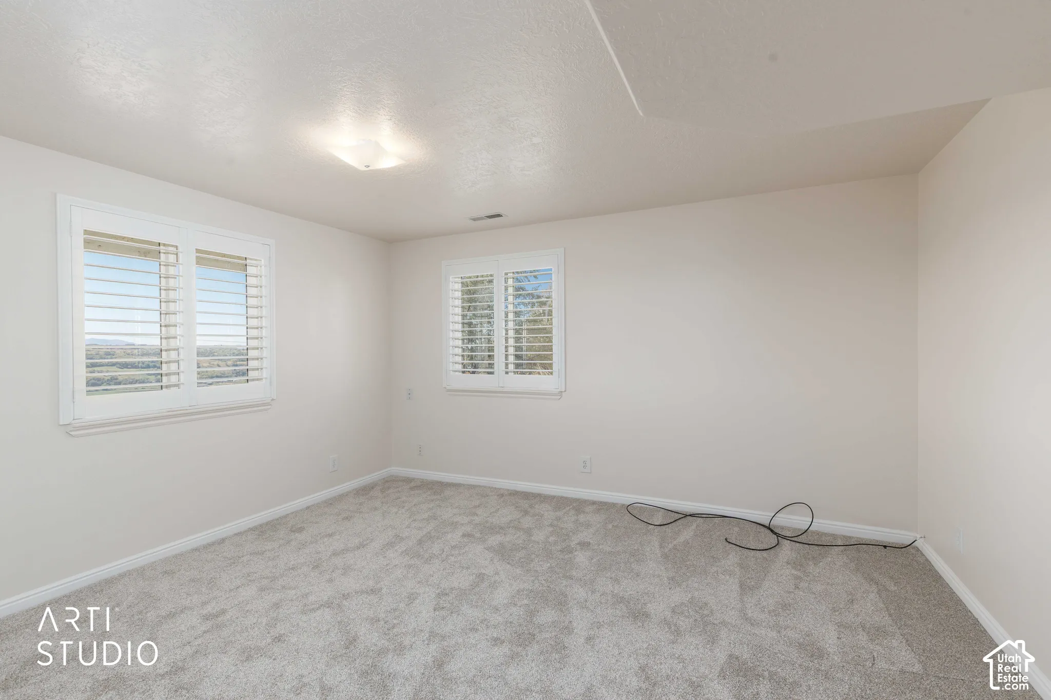 Neutral wall finishes, white trim, two windows with plantation shutters, overhead flush-mount lighting, and carpeted flooring