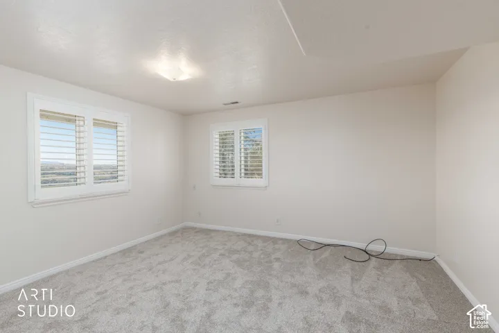 Neutral wall finishes, white trim, two windows with plantation shutters, overhead flush-mount lighting, and carpeted flooring
