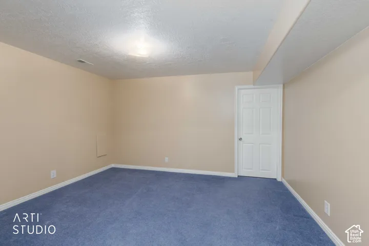 Carpeted room featuring light beige walls and a white paneled door