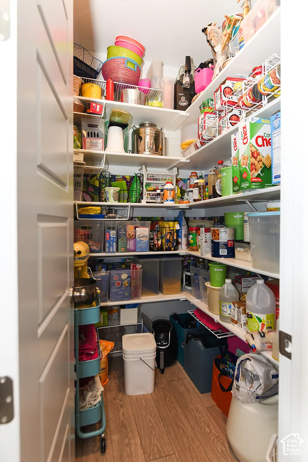 Walk-in pantry featuring extensive built-in shelving, wood-finish flooring, and a white paneled door