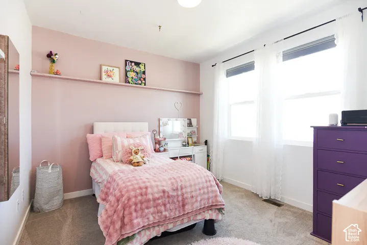 Carpet flooring, two large windows, and a built-in display shelf