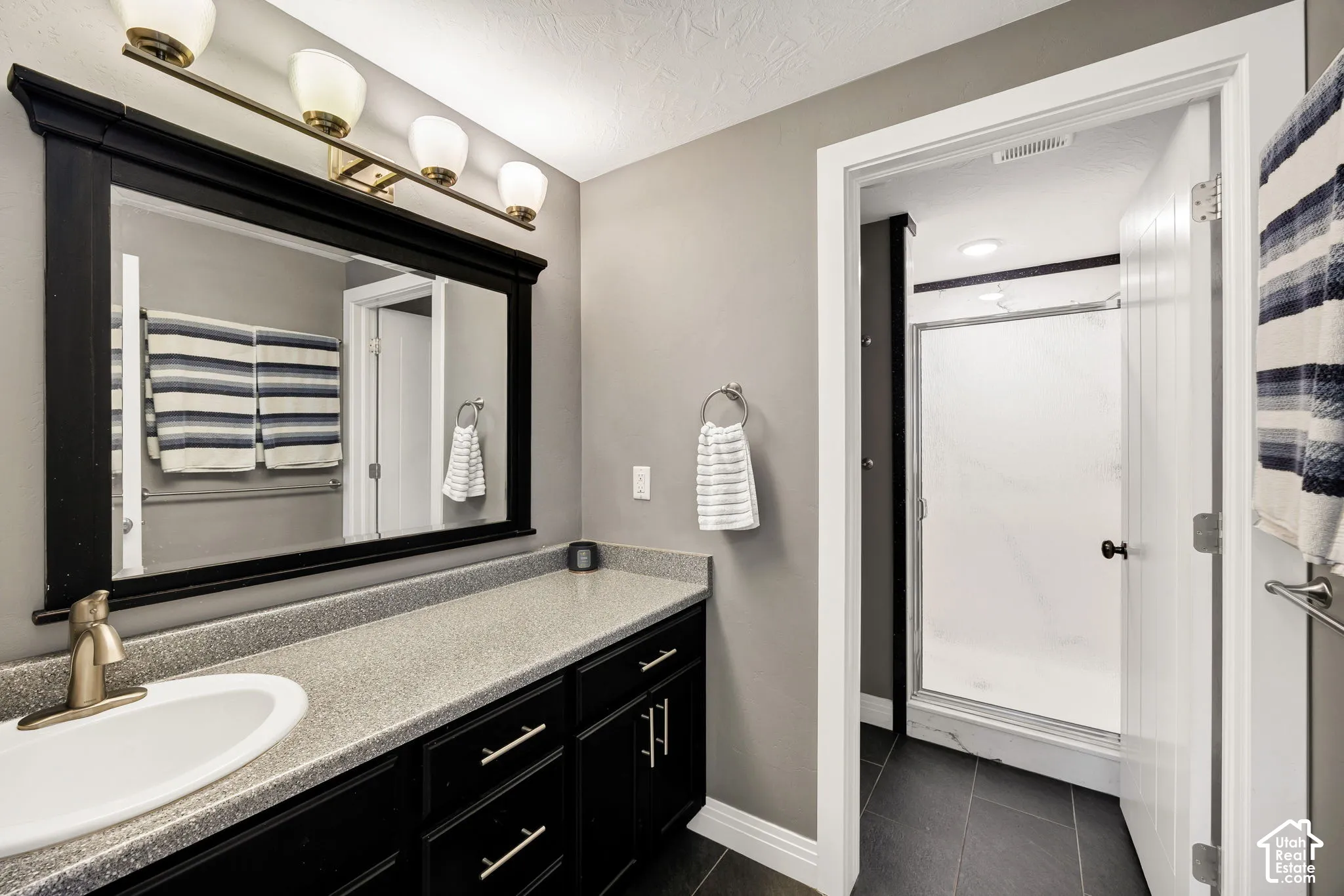 Spacious vanity with a basin sink, expansive countertop, and dark cabinetry