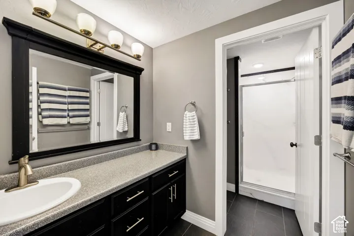 Spacious vanity with a basin sink, expansive countertop, and dark cabinetry