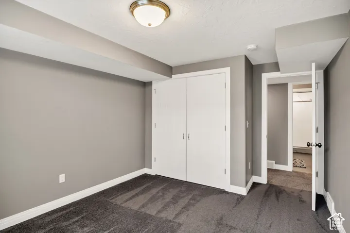 Neutral gray wall paint, dark gray carpeting, ceiling-mounted light fixture, white bi-fold closet doors, and white trim